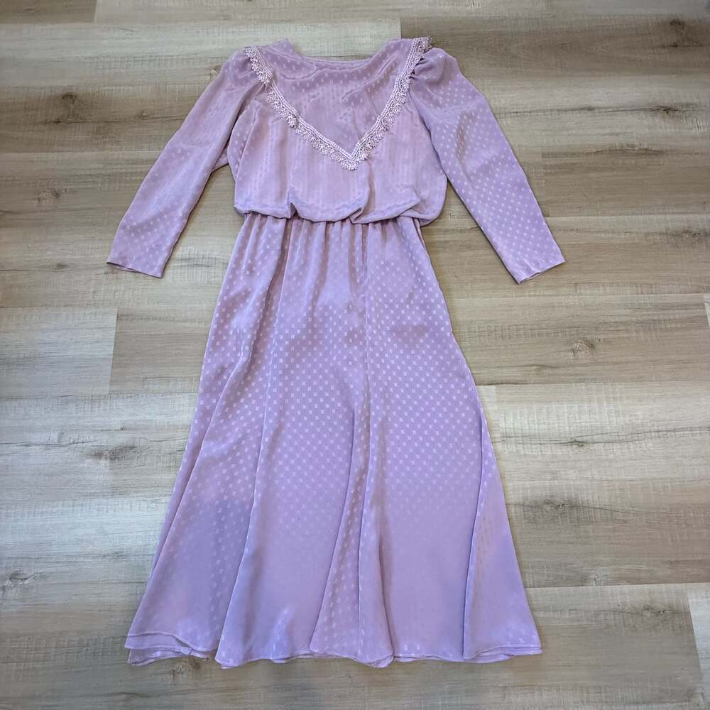 Vtg Samantha Black Lavender Swiss Dot Lace Trim Croquette Prairie Midi Dress